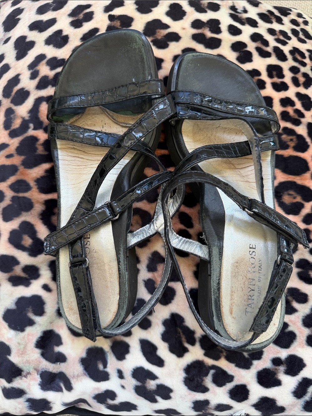 Taryn Rose Black Croc-Embossed Strappy Sandals